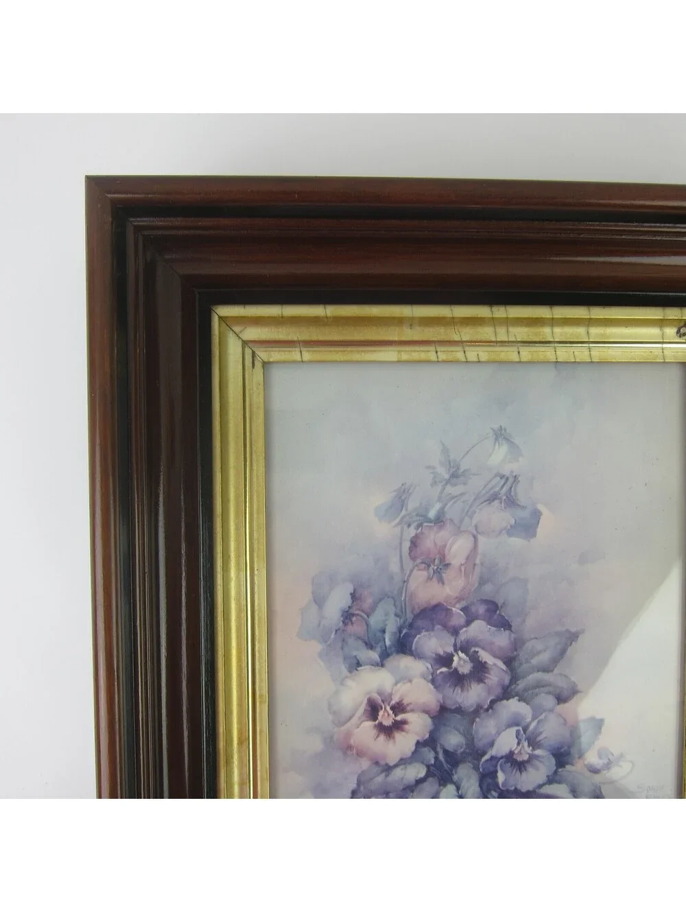 Antique Victorian Deep Picture Frame Wood Gold Gilt Sonie Ames Flower Print
